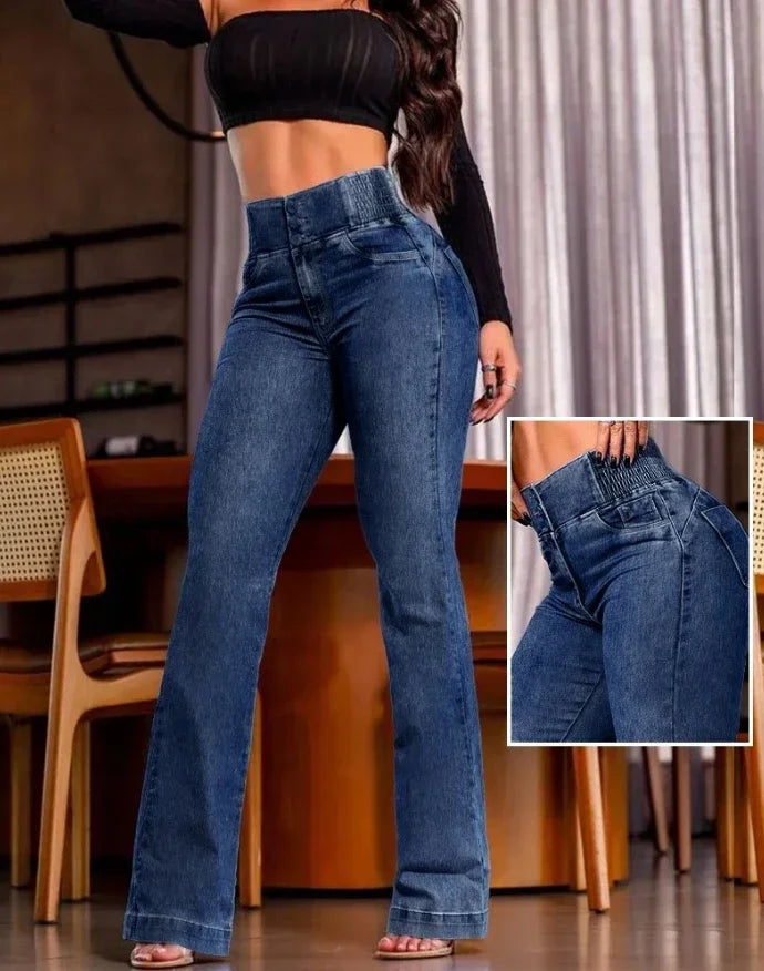 Female Bottom Back Shirred Button Front High Waist Jeans
