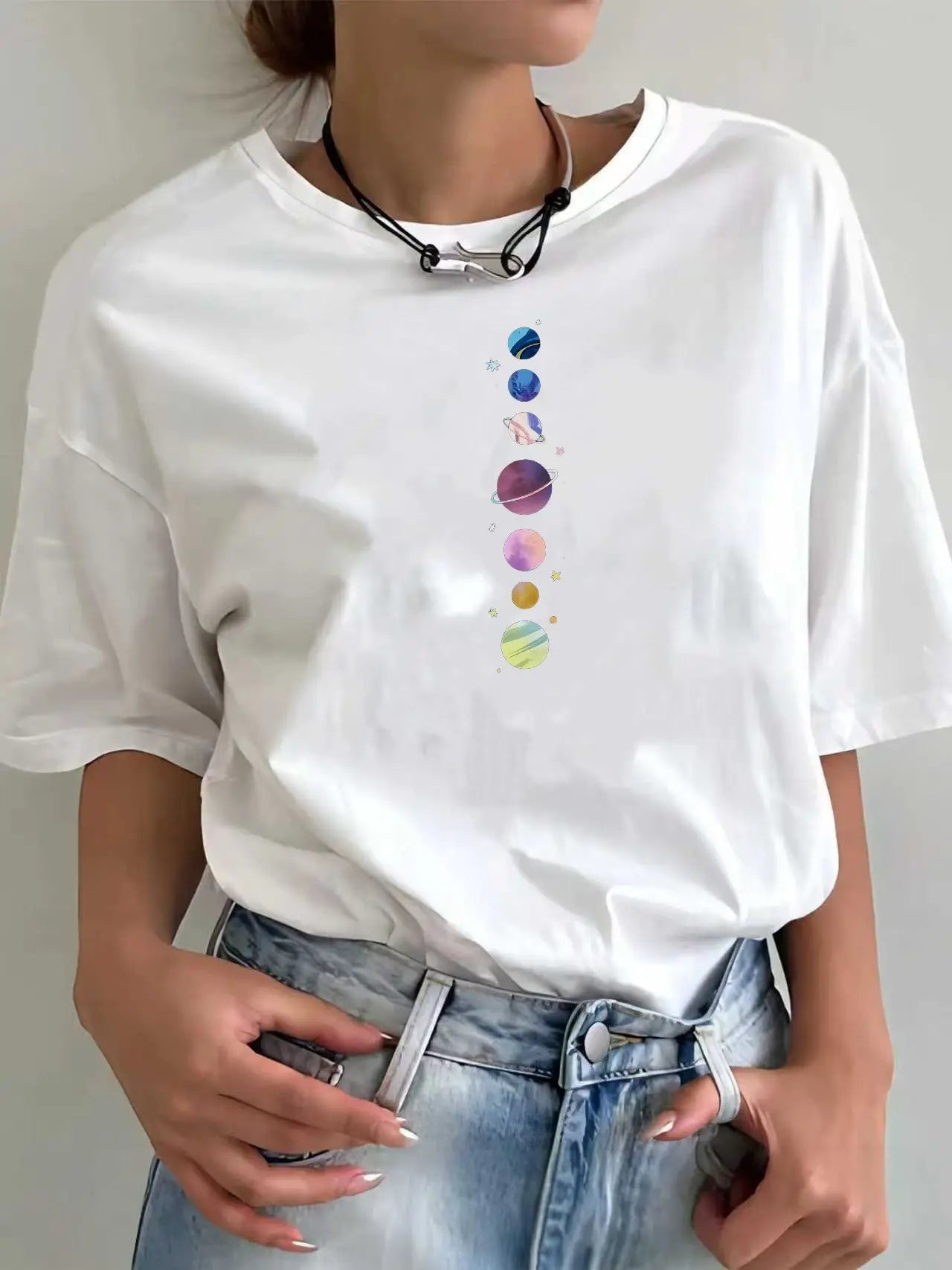 Women Moon Planet Print Fashion Tee Shirts