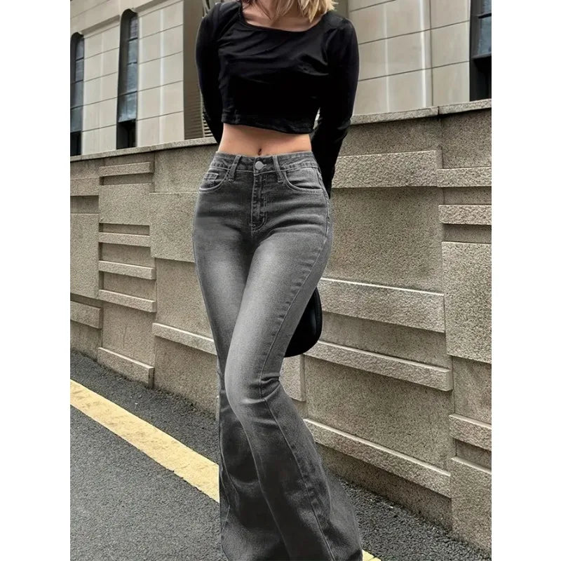Womens Stretch Jeans Gray Slim Fit Bootcut Flare