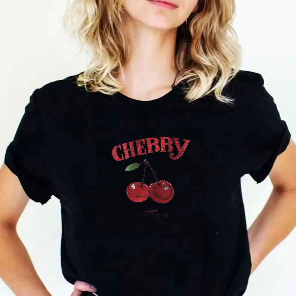 Cherry Print Casual Fashion White Versatile Loose Round Neck T-Shirt