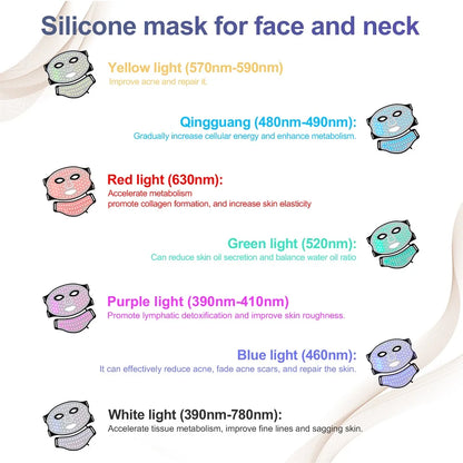 Silicone LED Mask Face And Neck 7 Colors LED Photon Red Light