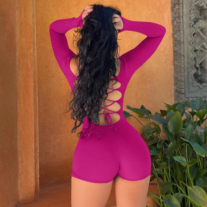 Long Sleeves Backless Solid Lace Up Sexy Slim Skinny Playsuit