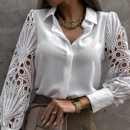 White Sexy Lace Hollow out Women Long Sleeve Tops