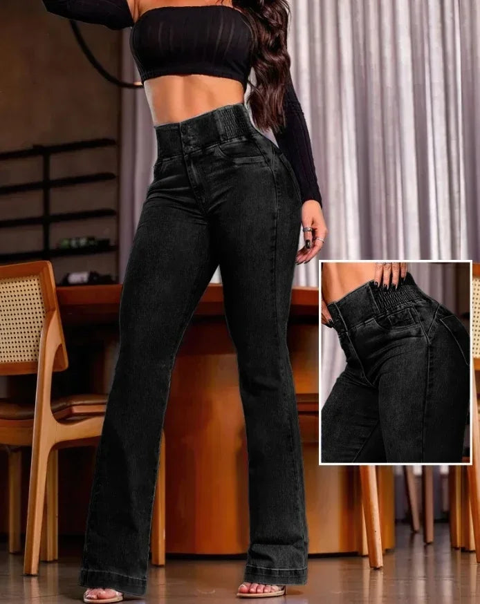 Female Bottom Back Shirred Button Front High Waist Jeans