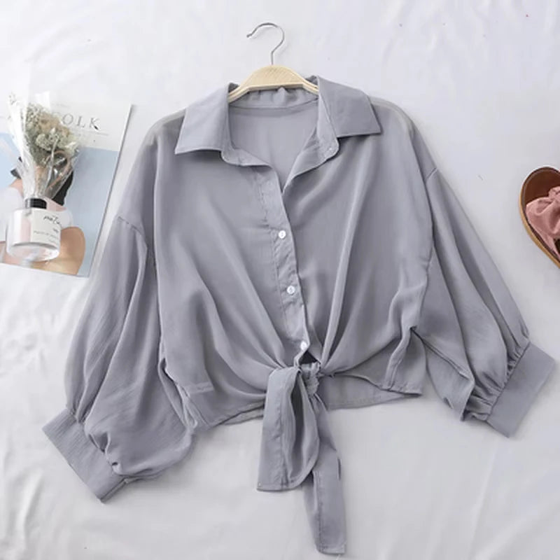 Women Summer Bat Half Sleeve Chiffon Shirt Casual Loose Button