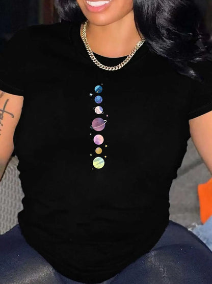 Women Moon Planet Print Fashion Tee Shirts