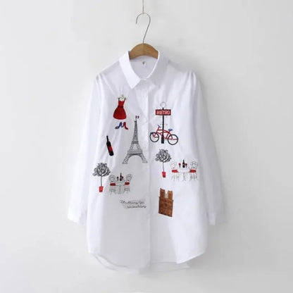 Women Spring Autumn Style Long Sleeve Embroidery Cotton Blouses Shirts