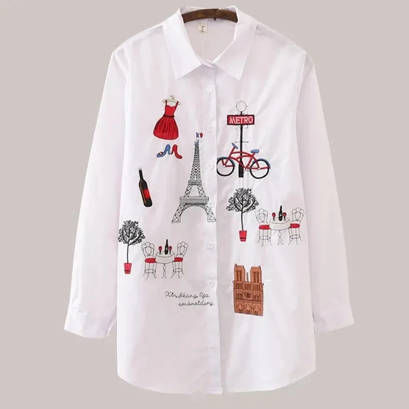 Women Spring Autumn Style Long Sleeve Embroidery Cotton Blouses Shirts