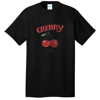 Cherry Print Casual Fashion White Versatile Loose Round Neck T-Shirt