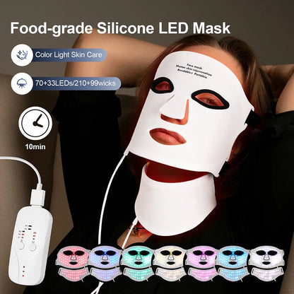 Silicone LED Mask Face With Neck 7 Colors LED Photon Red Light