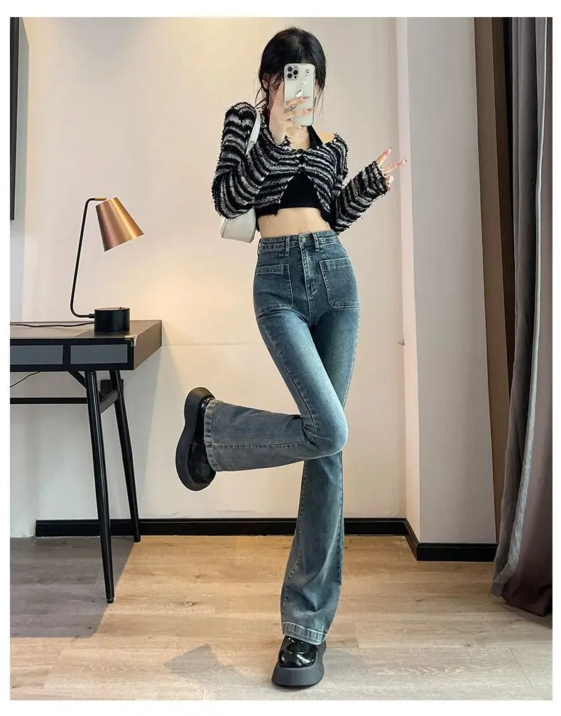 Loose Casual Womens High Waist Flared Denim Pants