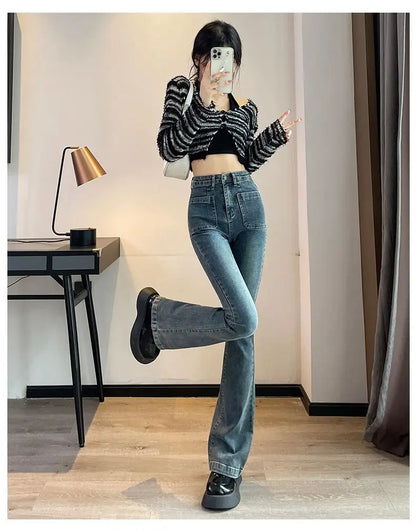 Loose Casual Womens High Waist Flared Denim Pants