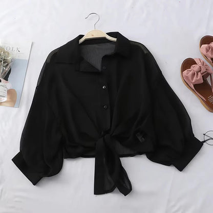 Women Summer Bat Half Sleeve Chiffon Shirt Casual Loose Button