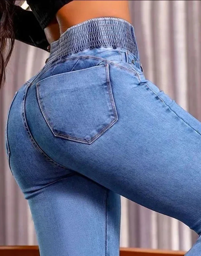 Female Bottom Back Shirred Button Front High Waist Jeans